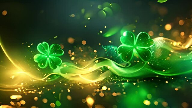St Patrick's Day 4k background effect. Four Clover leaf. Green particles appear and forming the shape of clover or shamrock. St. Patrick's day background. Irish tradition concept. Copy space