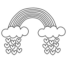 A rainbow cloud and love hearts drop doodle in black and white represent concept of Valentines, love, LGBTQ