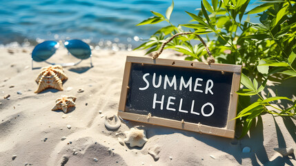 Summer Hello Sign on Sandy Beach with Sunglasses and Seashells