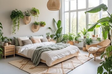 Scandinavian bedroom interior, a bed with pillows and a blanket in a cozy bedroom with a Scandinavian interior. Modern furniture with bedding, potted plants and home decor in the room.