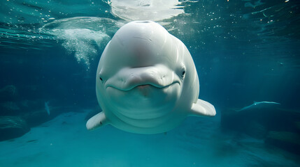 Fototapeta premium Smiling Beluga Whale Underwater with Bubbles and Light Rays