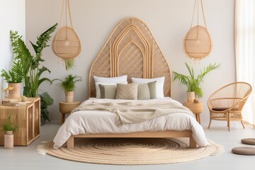 Scandinavian bedroom interior, a bed with pillows and a blanket in a cozy bedroom with a Scandinavian interior. Modern furniture with bedding, potted plants and home decor in the room.