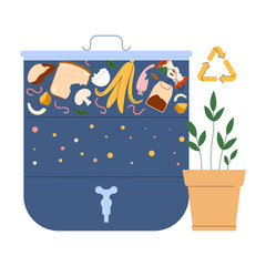 Composting. Food waste and leftovers biodegradation. Compost box full of organic bio waste. Garbage reduce, soil restoration and natural fertilizer for agriculture. Flat vector illustration