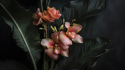 Tropical Orchids with Large Green Leaves on Dark Background