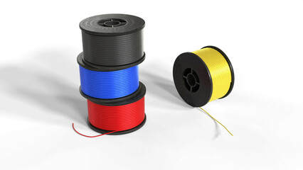 3D printer filament, red, blue, yellow, black.  3D rendering, isolated on white background.
