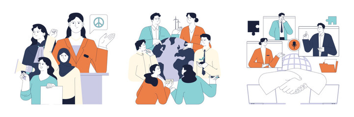 Political action set. Diverse people involved in global education, economic growth, environmental activism, democracy and diplomacy building. Sustainable development. Flat vector illustration.