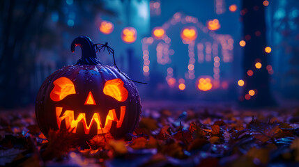 Fototapeta premium Illuminated Halloween Pumpkin with Autumn Leaves and Bokeh Lights