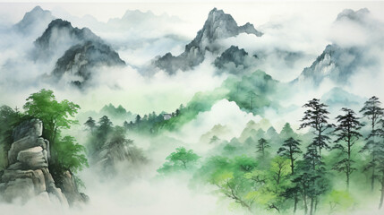 Green Chinese ink landscape