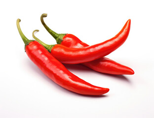Three red chili peppers with stems on a white background, vibrant and glossy.
