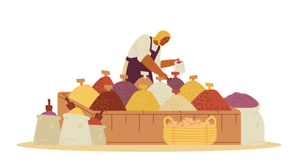 Middle Eastern spices and herbs street shop with woman seller putting spices in a bag flat vector illustration isolated on white.