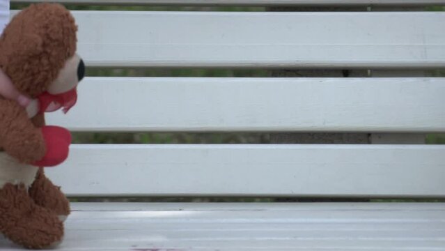 a child girl on a white bench playing teddy bear, toys, summer, park