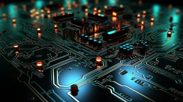 3D rendering of electronic circuit board with glitter, machine learning and modern computer technology concept. business, technology, internet and networking concept. Circuit board background
