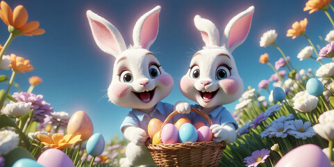 A couple of funny cartoon bunnies in a magical forest, collecting Easter eggs in a basket.
