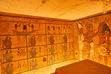 sculptural details on the wall of the temple of the Tutankhamun king, Luxor, Egypt.Tomb of pharaoh Tutankhamun in Valley of the Kings, Luxor, Egypt