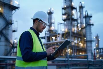 Engineer in hard hat and safety vest using tablet at oil refinery