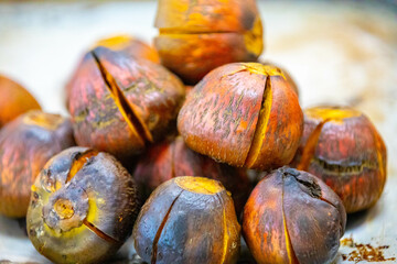 Roasted fruit of the pupunha palm (Bactris gasipaes), typical fruit of the Brazilian tropical forests, Amazonas, Pará, Rondônia and Acre.