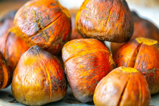 Roasted fruit of the pupunha palm (Bactris gasipaes), typical fruit of the Brazilian tropical forests, Amazonas, Pará, Rondônia and Acre.