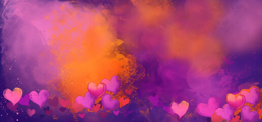 Obraz na płótnie Canvas bordure de cœurs, violet sur un fond violet et orange (couleurs complémentaires) avec espace négatif pour texte. St Valentin, amour, fête mère, père, grand-mère, grand-père, anniversaire 