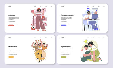 Big Five Personality Traits on a website. Creative visuals for openness, conscientiousness, extraversion, and agreeableness. User-friendly interface design. Flat vector illustration - obrazy, fototapety, plakaty
