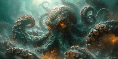 Kraken is a mythological sea monster in the form of a giant octopus that can attack fishing boats. ai generated - obrazy, fototapety, plakaty