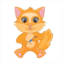 Cute little fox with diabetes.Cartoon character with glucometer, syringe pen, hypoglycemia and sugar, glucose measurement sensor.Vector illustration for kids, products, stickers, advertising banners.