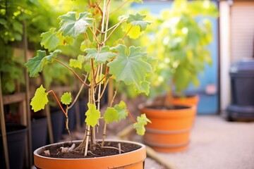 young grapevines in courtyard planters during a sunny day