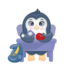 Cute little penguin with diabetes. Cartoon character with glucometer, syringe pen, hypoglycemia and sugar, glucose measurement sensor. Vector illustration for kids, products, stickers, advertising ban