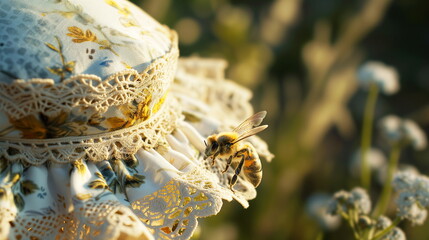 bee lands on a hat adorned with lace, against a backdrop of flowers at sunset - a bee in your bonnet