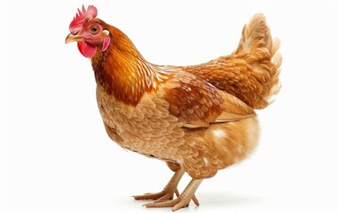 Fototapeta premium A vibrant, detailed close-up of a brown chicken with a red comb, isolated on a white background.