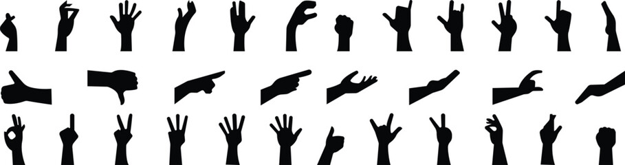 Hand gestures flat icon set. Included, fingers interaction, pinky swear, forefinger point, greeting, pinch, hand washing, emojis, gestures, stickers, emoticons black vector collection isolated - obrazy, fototapety, plakaty