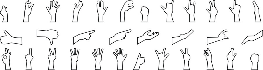 Hand gestures line icon set. Included, fingers interaction, pinky swear, forefinger point, greeting, pinch, hand washing, emojis, gestures, stickers, emoticons black vector collection isolated