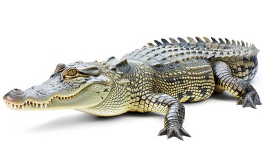 Naklejka premium A detailed close-up of a crocodile, showcasing its textured skin and menacing appearance, isolated on a white background.