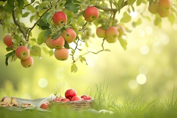 upsidedown apple tree with fruit hanging towards the ground, picnic below