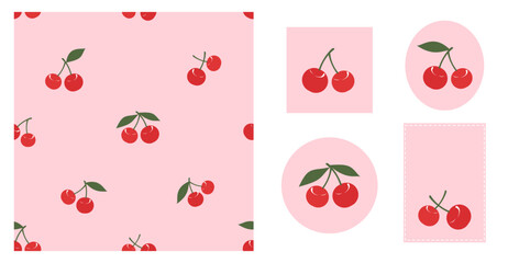 Seamless pattern with red cherry on pink background. Set of cherry fruit on pink signs isolated on white background vector illustration.