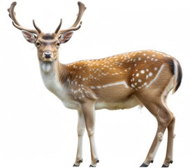 A majestic spotted deer with impressive antlers, isolated on a white background.