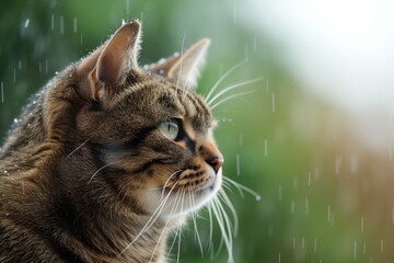 closeup of cats face, rainblurred background