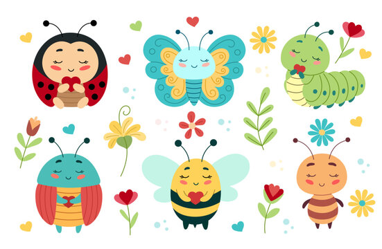 A set of cute cartoon insects which includes a ladybug, a butterfly, a caterpillar, a beetle, a bee, an ant. Vector illustration for children and toddlers, baby