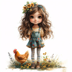 Cute girl with curly hair with a shiny bow, in a menthol T-shirt with strawberries, skirt with pockets, striped tights and shoes with clasps, hugging a big Cute Chicken 