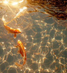 Poissons rouges dans un bassin avec les rayons rasants du soleil qui font scintiller l'eau et les écailles des poissons. - obrazy, fototapety, plakaty