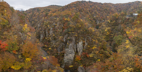日本　宮城県大崎市鳴子温泉の鳴子峡の大深沢橋から見える紅葉と峡谷