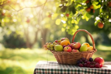 fruit basket on a table in a sunny orchard