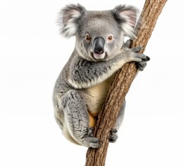 Cute koala bear clinging to a tree branch, isolated on white background.