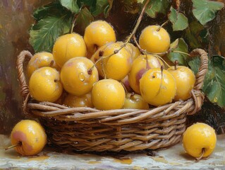 yellow plums with leaves in a bowl