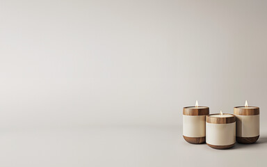 Mock-up 3 bougies allumées avec des étiquettes vierges pour texte dans des pots en bois, sur fond blanc espace négatif pour texte copyspace. - obrazy, fototapety, plakaty