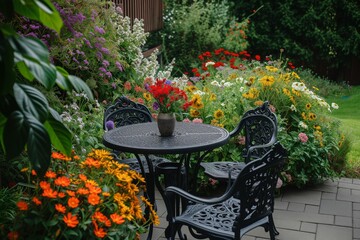 Fototapeta na wymiar garden bistro table, flowers surrounding it