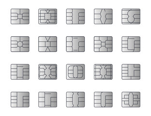 EMV chip silver vector icons. Editable stroke. Contactless payment at terminals and ATMs. Set line nfc symbol. Square computer microchips for credit debit cards. Stock illustration - obrazy, fototapety, plakaty