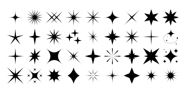 Vector silhouette star icons. Set of different beautiful sparkle explosion. Twinkle shiny star shape symbols. Light glitter element, starburst decorative element. Stock illustration