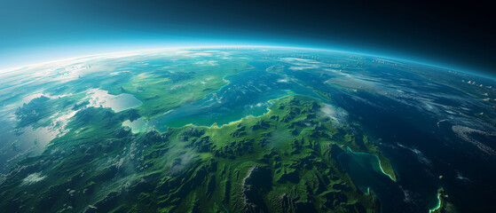 panoramic view from space, showing Earth entirely covered in lush green vegetation, emphasizing the planet's natural beauty and the abundance of greenery