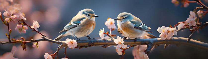 spring natural background with little cute blue birds tit sitting in garden on a branch of cherry blossom tree with pink fragrant buds - Powered by Adobe