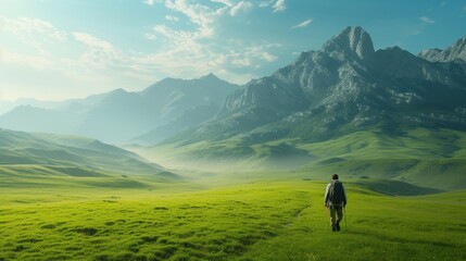 Solo Hiking Walking to the Mountain. Carrying a Backpack. Sunny weather, quiet atmosphere. Wallpapers . Ai Generated